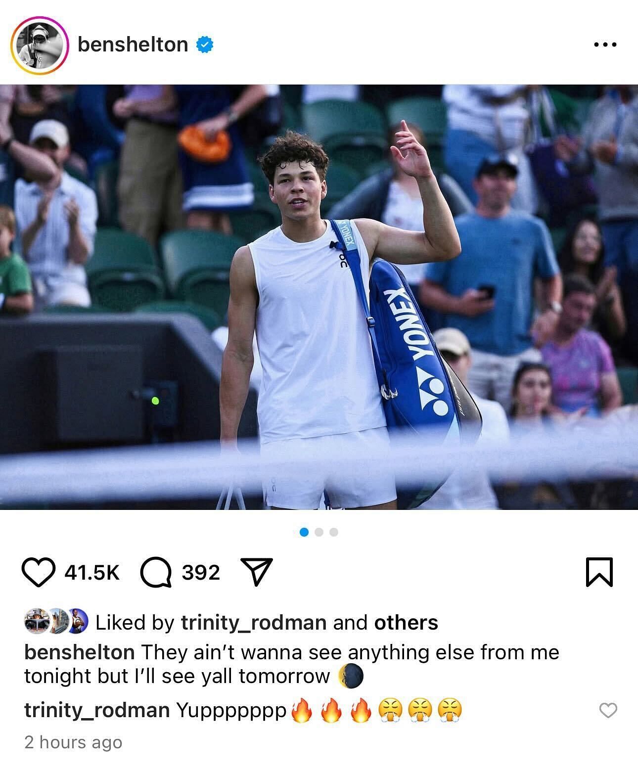 Trinity Rodman's comment on Ben Shelton's Instagram post in the aftermath of the controversial suspension of his second-round match at the 2025 Wimbledon Championships (Source: Instagram/benshelton)